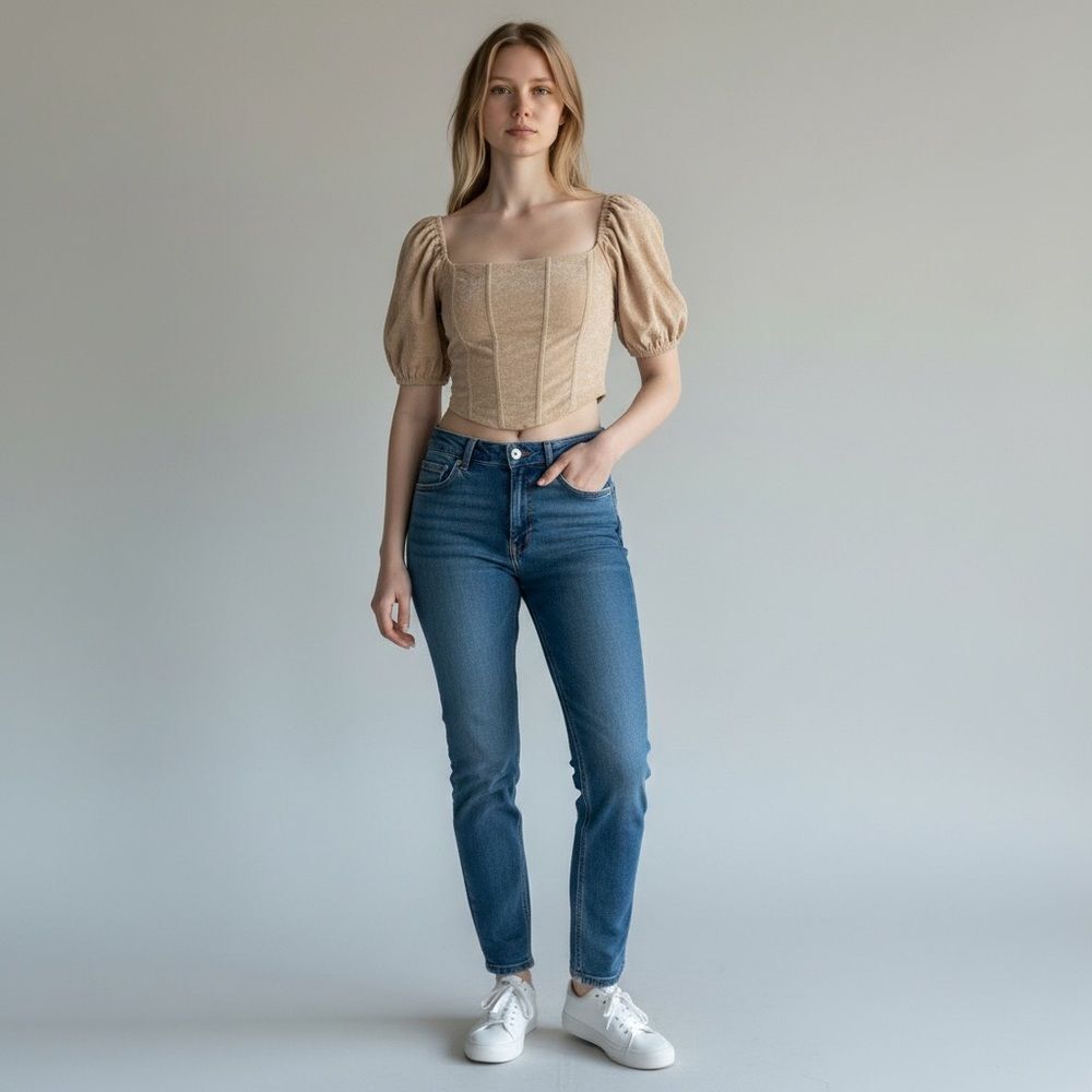 Kirious LOS Angeles Elegant Solid Tan Beige Short Puff Sleeve Crop Top Size L